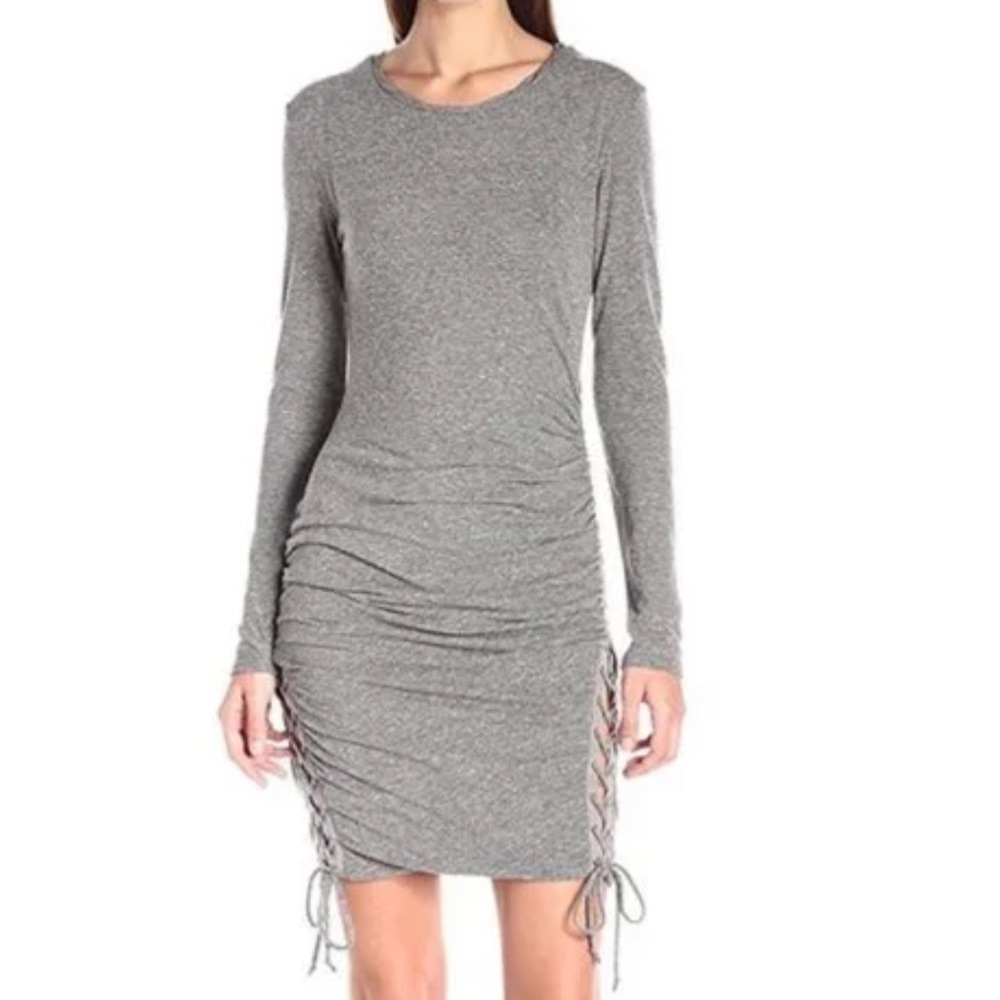 Pam & Gela Heathered Gray Ruched Lace Up Long Sleeve Dress SIZE MEDIUM